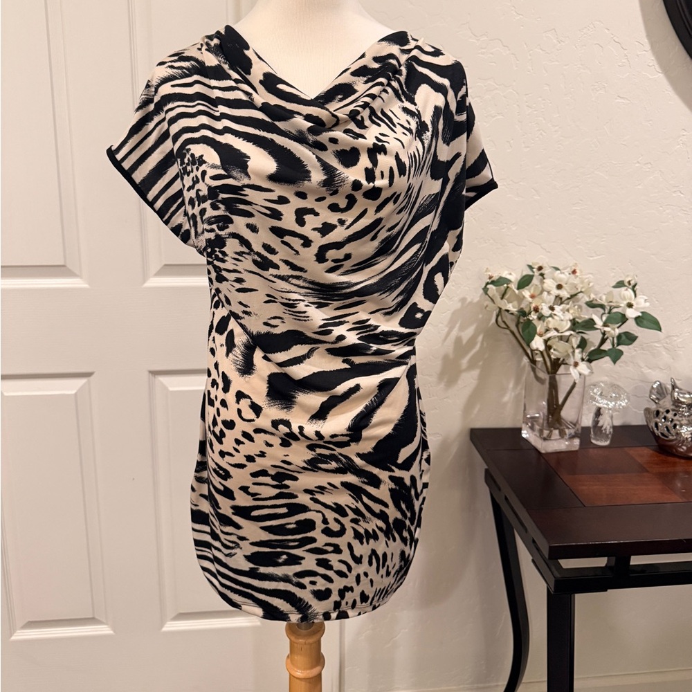 Agenda Black and Cream Animal Print Cowl Neck Tunic